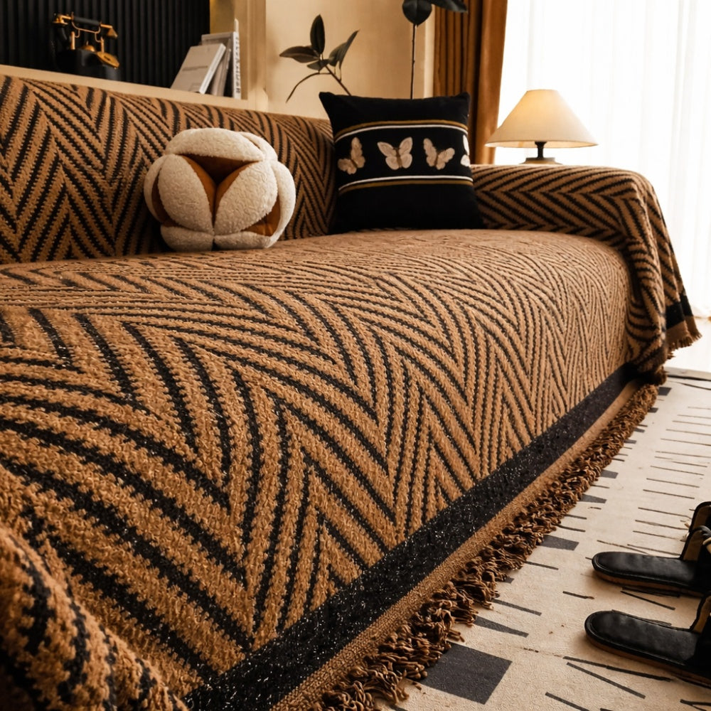 Modern Chevron Sofa Slipcover with Tassels - Machine Washable Microfiber