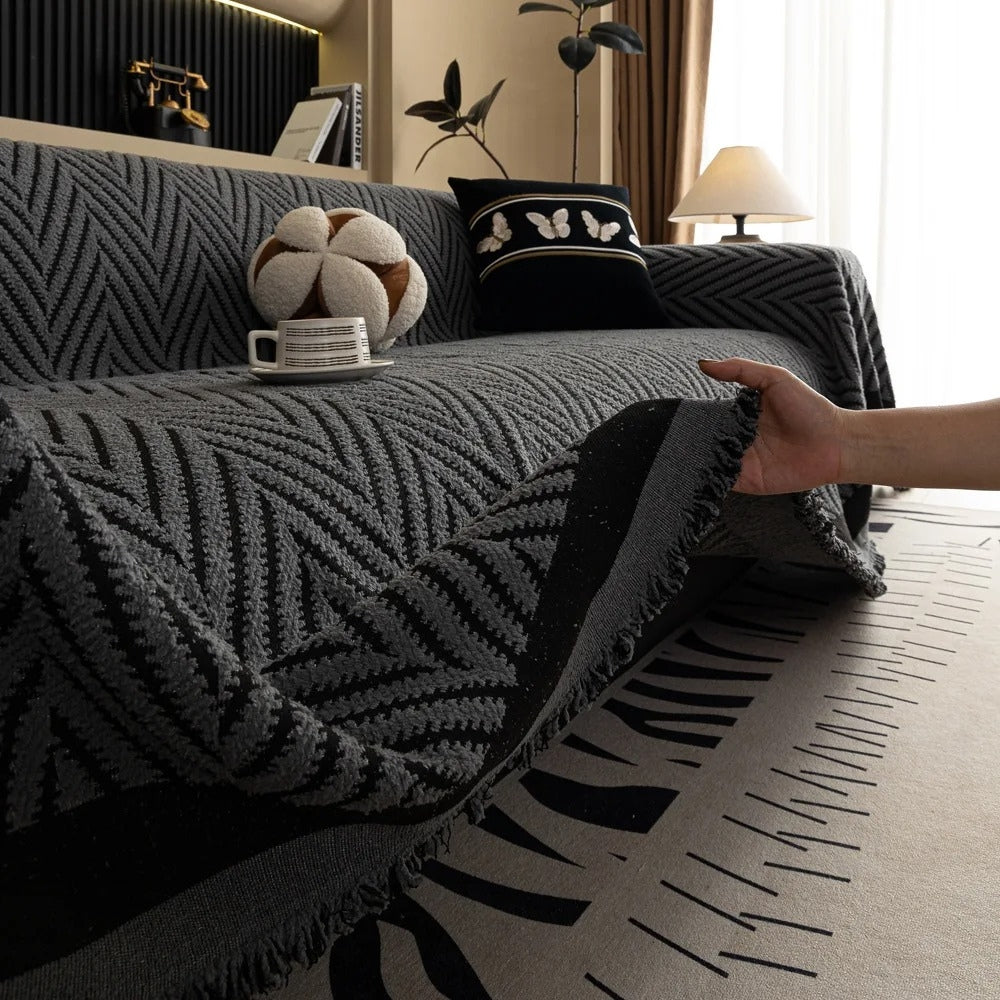 Modern Chevron Sofa Slipcover with Tassels - Machine Washable Microfiber