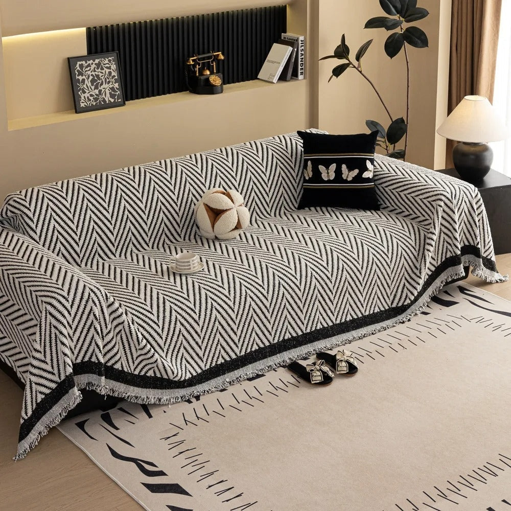 Modern Chevron Sofa Slipcover with Tassels - Machine Washable Microfiber