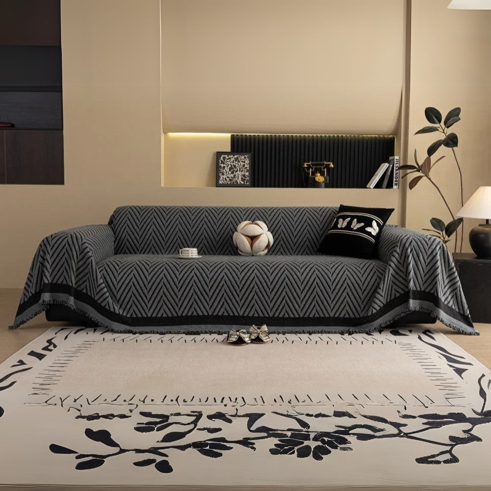 Modern Chevron Sofa Slipcover with Tassels - Machine Washable Microfiber