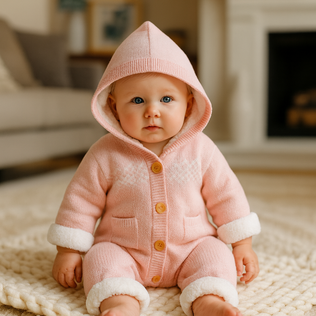 Pink Knit Baby Suit with Hood