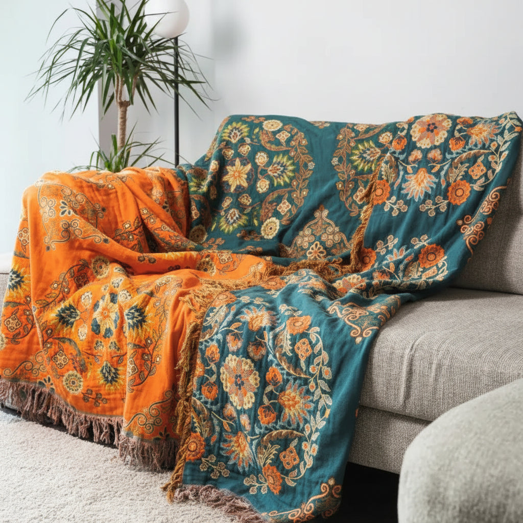 Floral Cotton Gauze Reversible Throw Blanket for Sofa and Bed