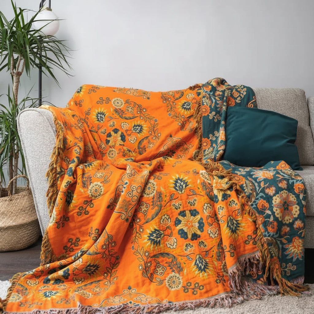 Floral Cotton Gauze Reversible Throw Blanket for Sofa and Bed
