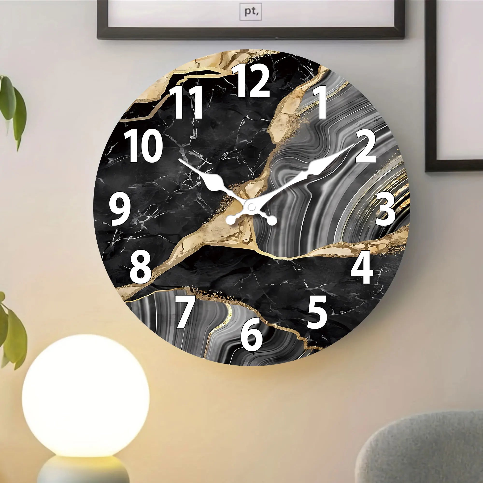 Contemporary Round Wooden Wall Clock with Marble Finish – Silent Mechanism