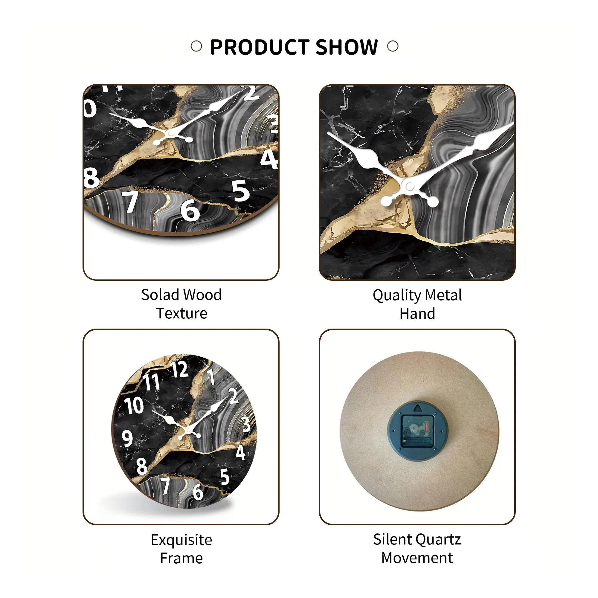 Contemporary Round Wooden Wall Clock with Marble Finish – Silent Mechanism