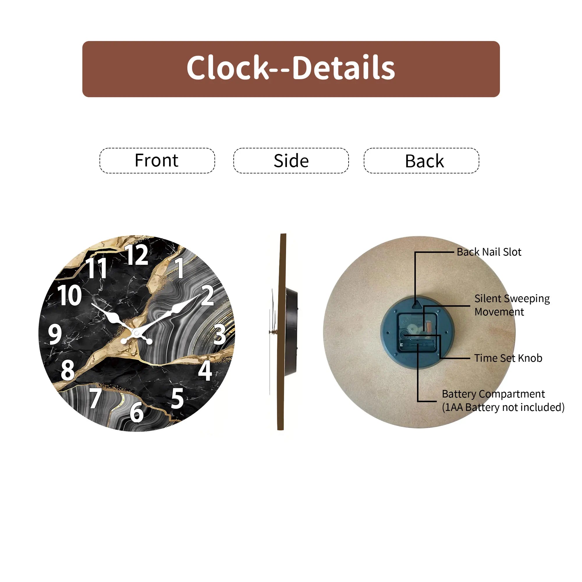 Contemporary Round Wooden Wall Clock with Marble Finish – Silent Mechanism