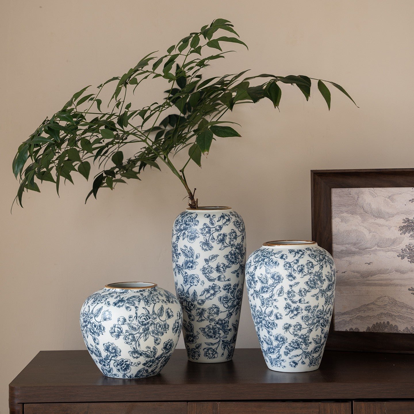 Elegant Porcelain Vase Set in Classic Blue and Gold
