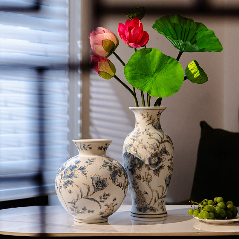 Elegant Porcelain Vase Set in Classic Blue and Gold
