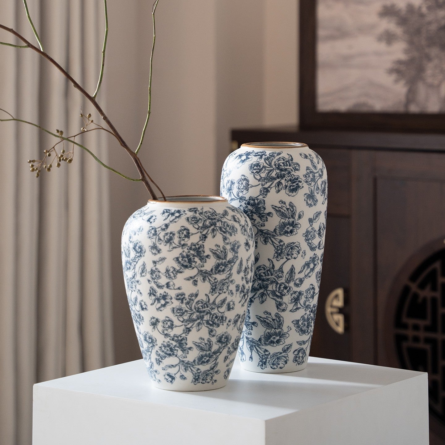 Elegant Porcelain Vase Set in Classic Blue and Gold