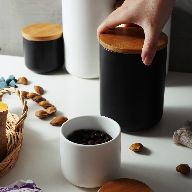 Elegant Ceramic Kitchen Storage Jars with Wooden Lids