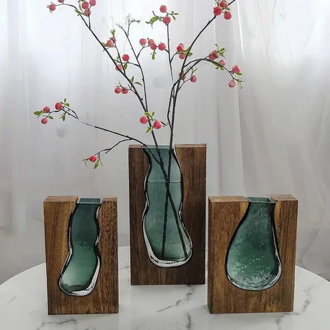 Elegant Wood & Glass Decorative Vase