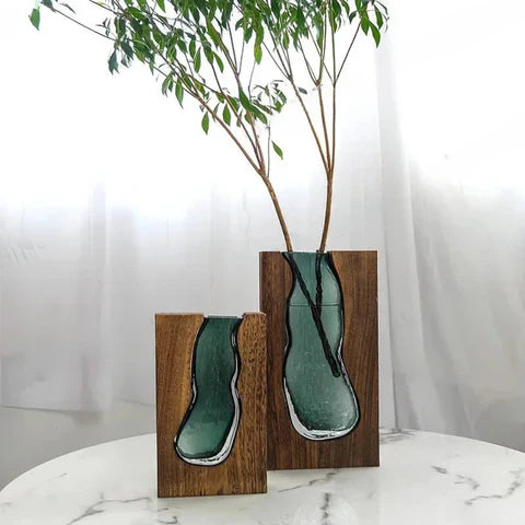 Elegant Wood & Glass Decorative Vase