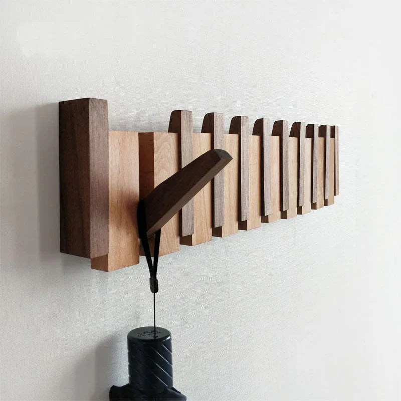 Elegant Wooden Wall Hook Rack with Retractable Hooks