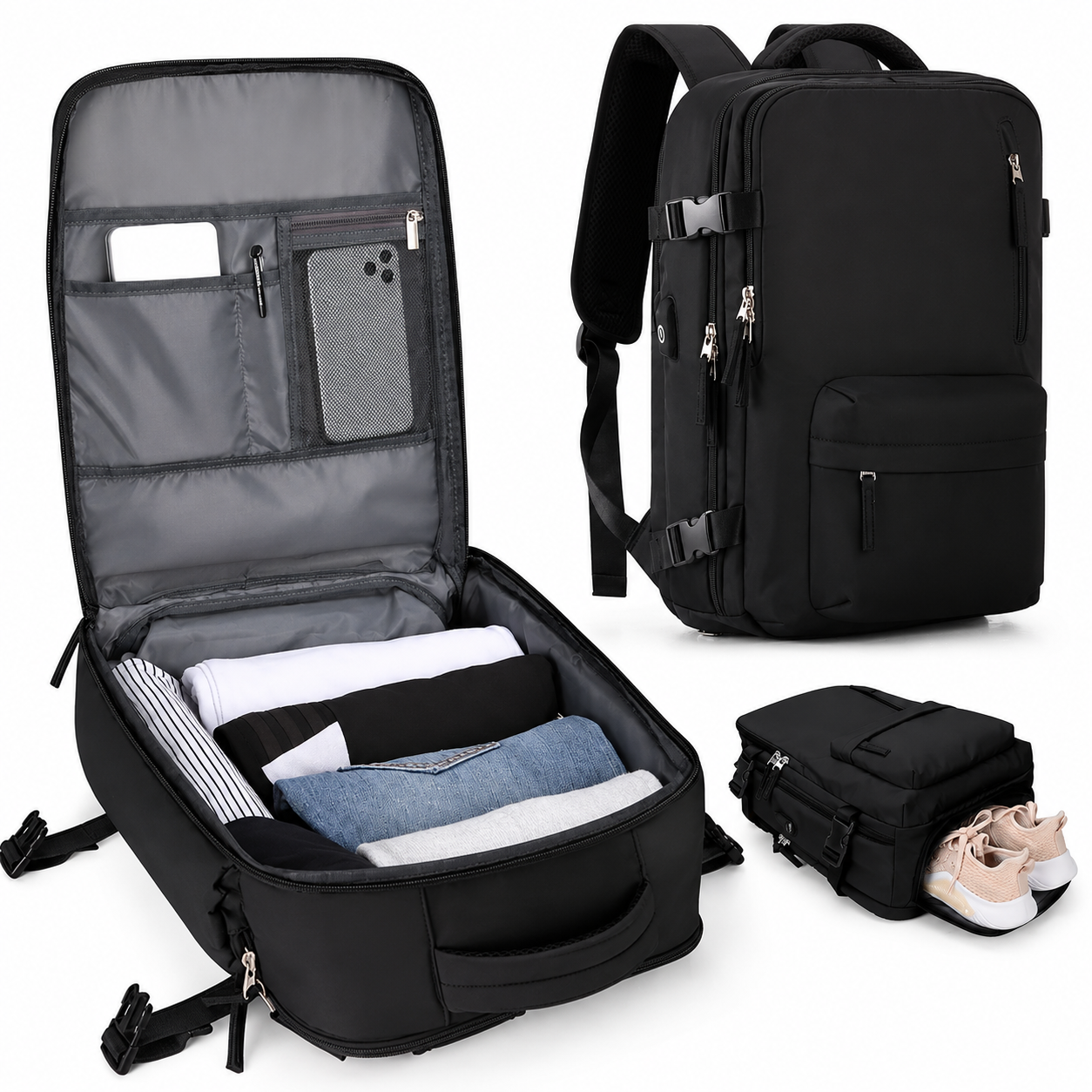 Carry-On Backpack for Travel with Laptop Compartment and Shoe Pocket