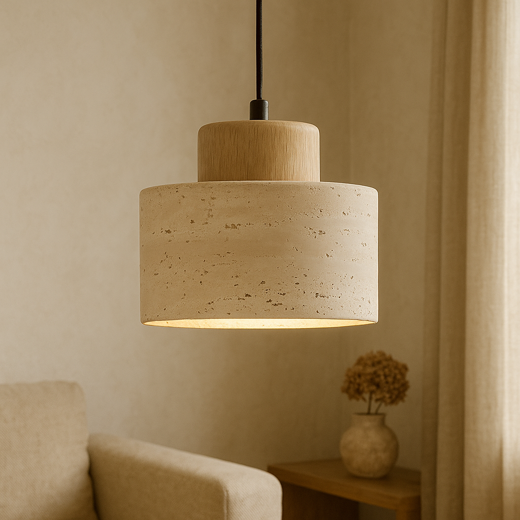 Cylindrical Shade Pendant Light in Natural Travertine Stone