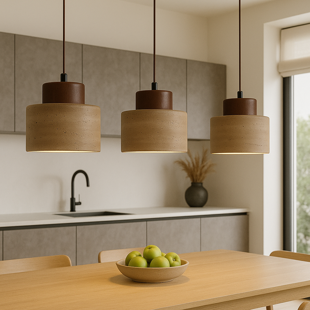Cylindrical Shade Pendant Light in Natural Travertine Stone