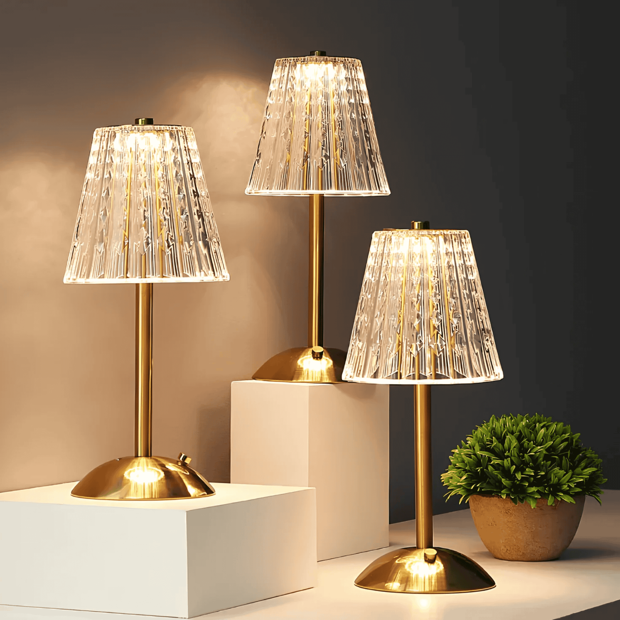 LED Table Lamp with Fluted Glass Shade – Rechargeable Design