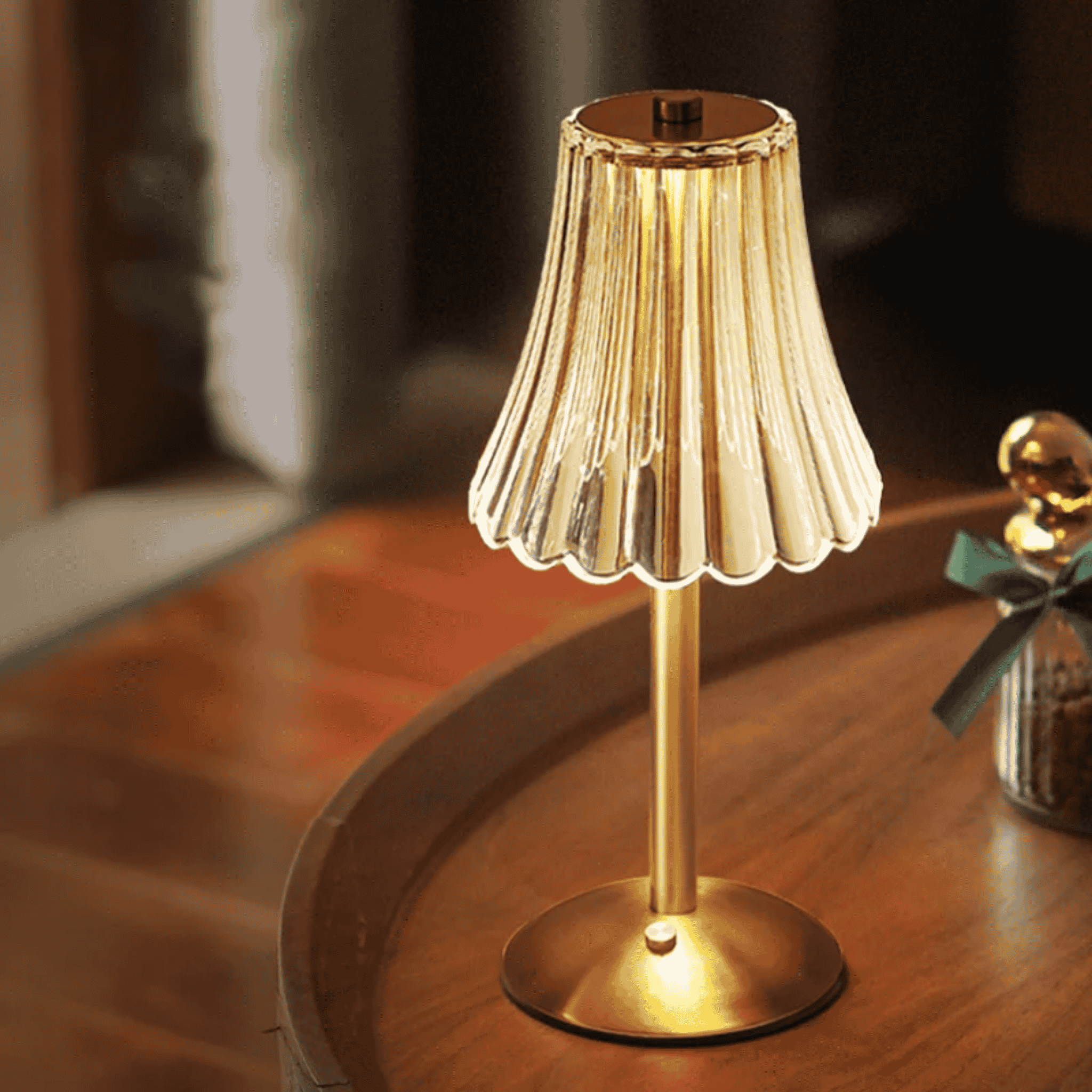 LED Table Lamp with Fluted Glass Shade – Rechargeable Design