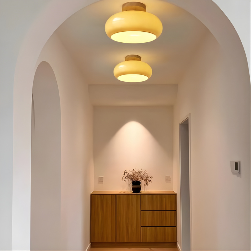 Flush Mount Ceiling Light with Glass and Wood Accent