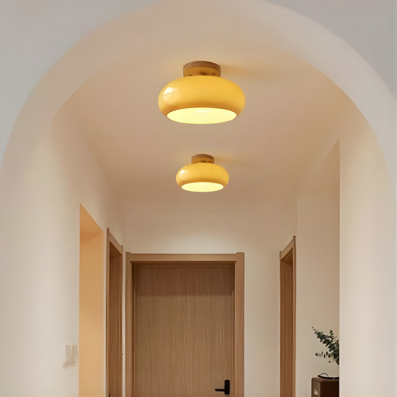 Flush Mount Ceiling Light with Glass and Wood Accent