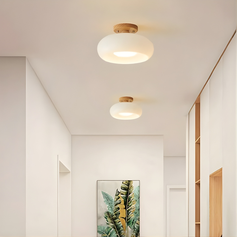 Flush Mount Ceiling Light with Glass and Wood Accent