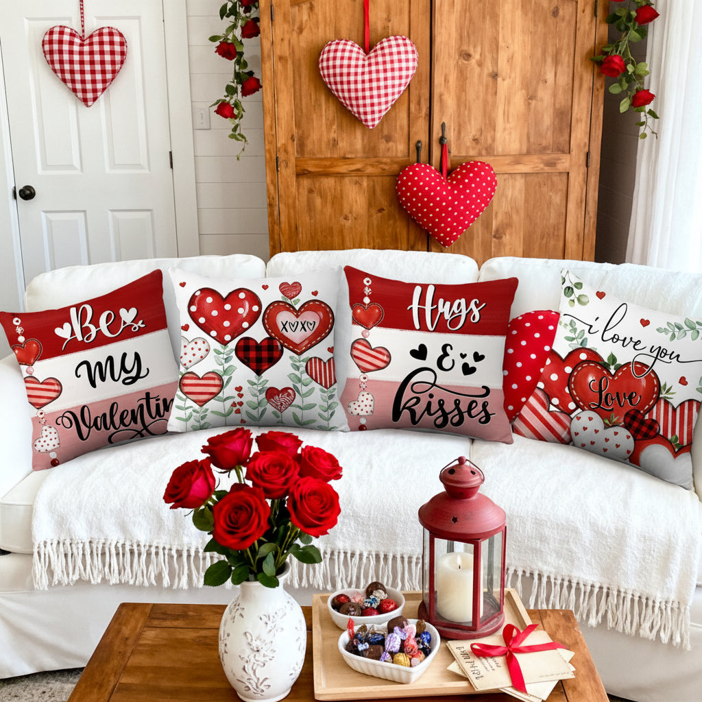 Set of Polyester Cushion Covers with Valentine Heart Design