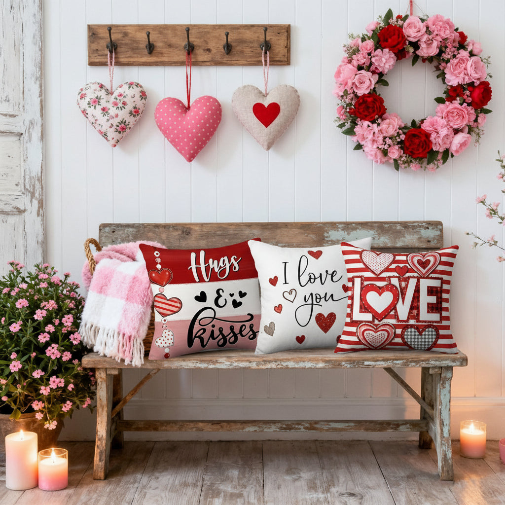 Set of Polyester Cushion Covers with Valentine Heart Design