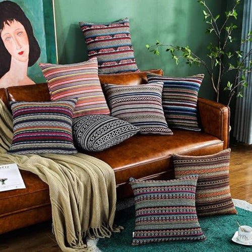 Bohemian Geometric Design Microfiber Cushion Cover – Vibrant Woven Style