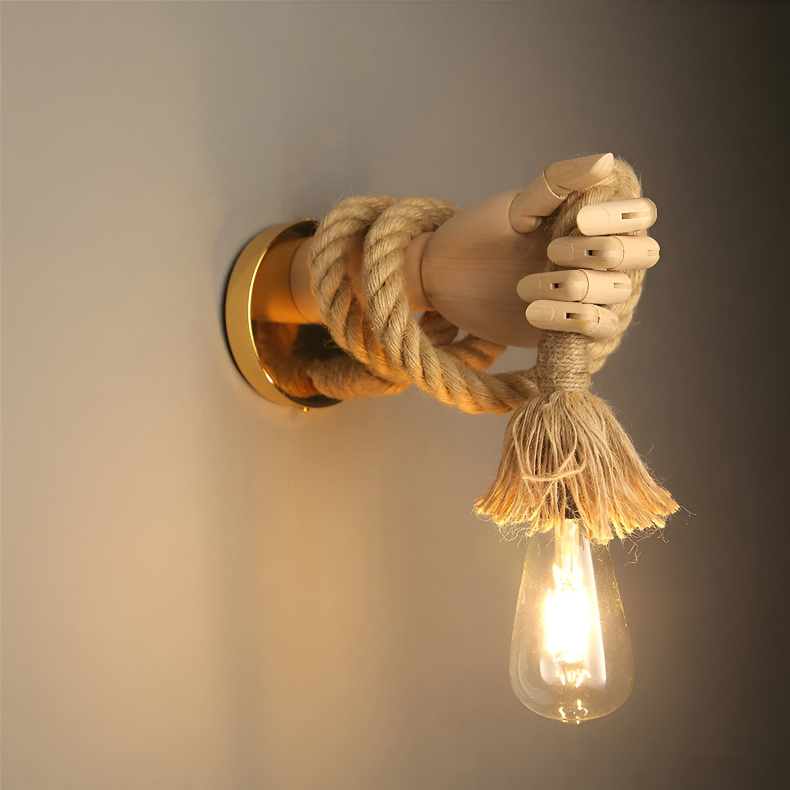 Handcrafted Wall Lamp with Hemp Rope and Wood – E27 Socket for Warm Lighting