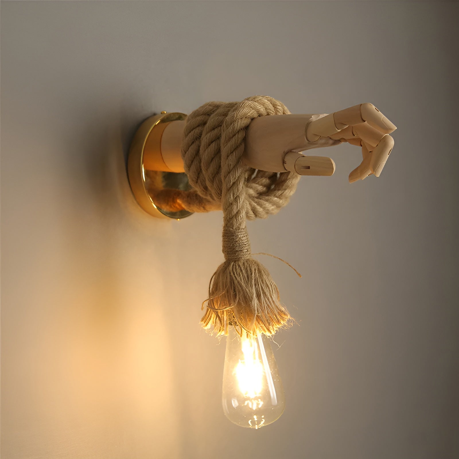 Handcrafted Wall Lamp with Hemp Rope and Wood – E27 Socket for Warm Lighting