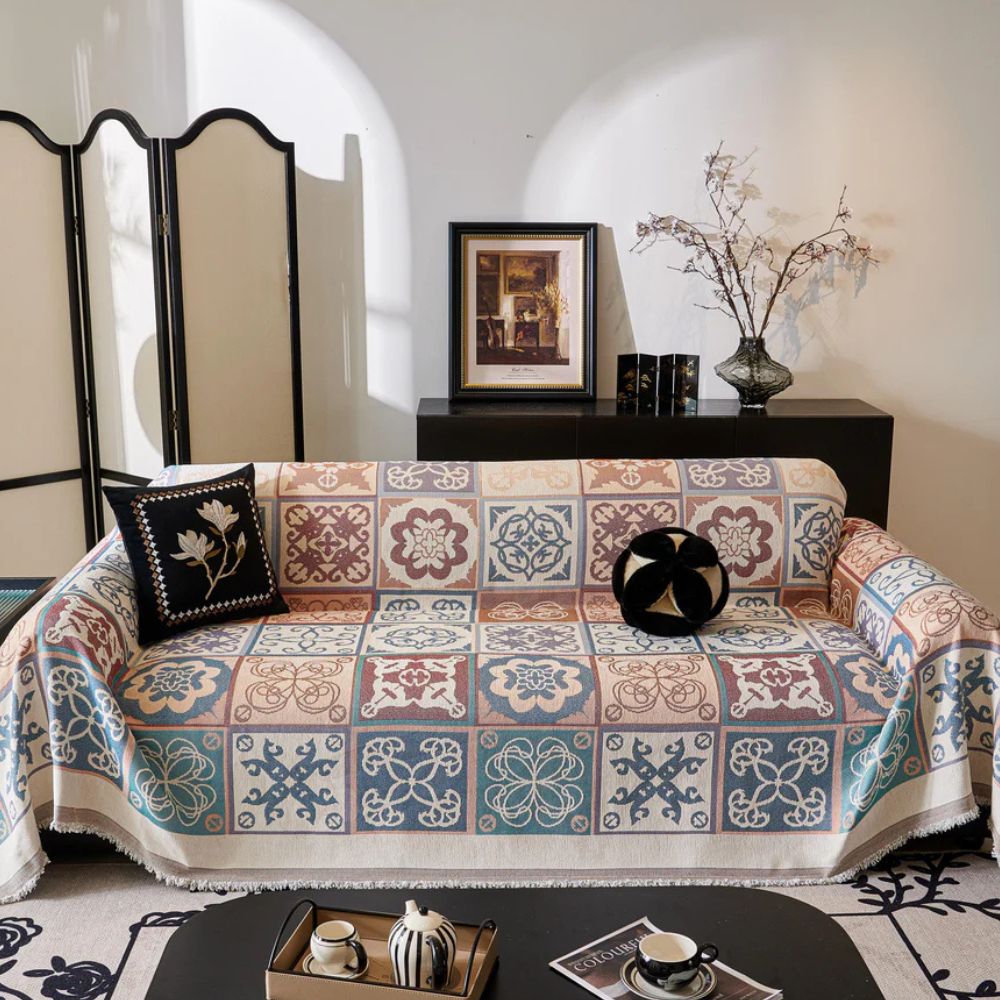 Mediterranean Tile Design Sofa Cover - Soft Chenille Throw