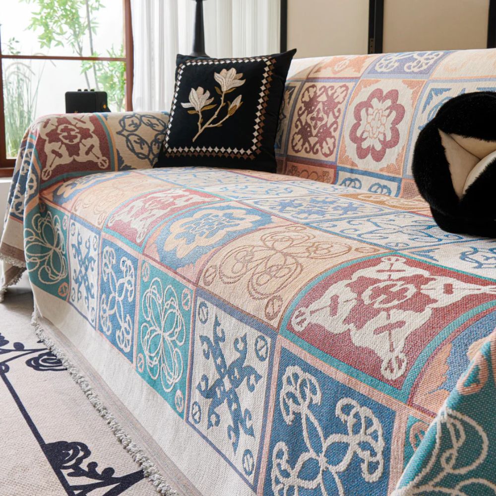 Mediterranean Tile Design Sofa Cover - Soft Chenille Throw