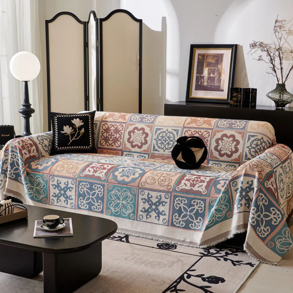 Mediterranean Tile Design Sofa Cover - Soft Chenille Throw