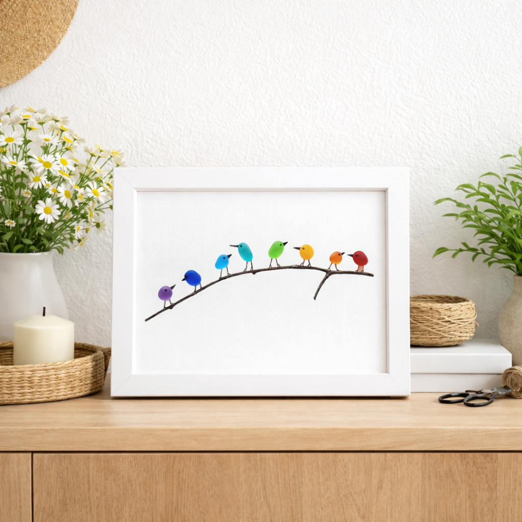 Coastal Display Frame for Wall Art - Sea Glass and Driftwood Bird Design