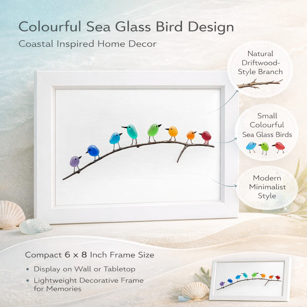 Coastal Display Frame for Wall Art - Sea Glass and Driftwood Bird Design