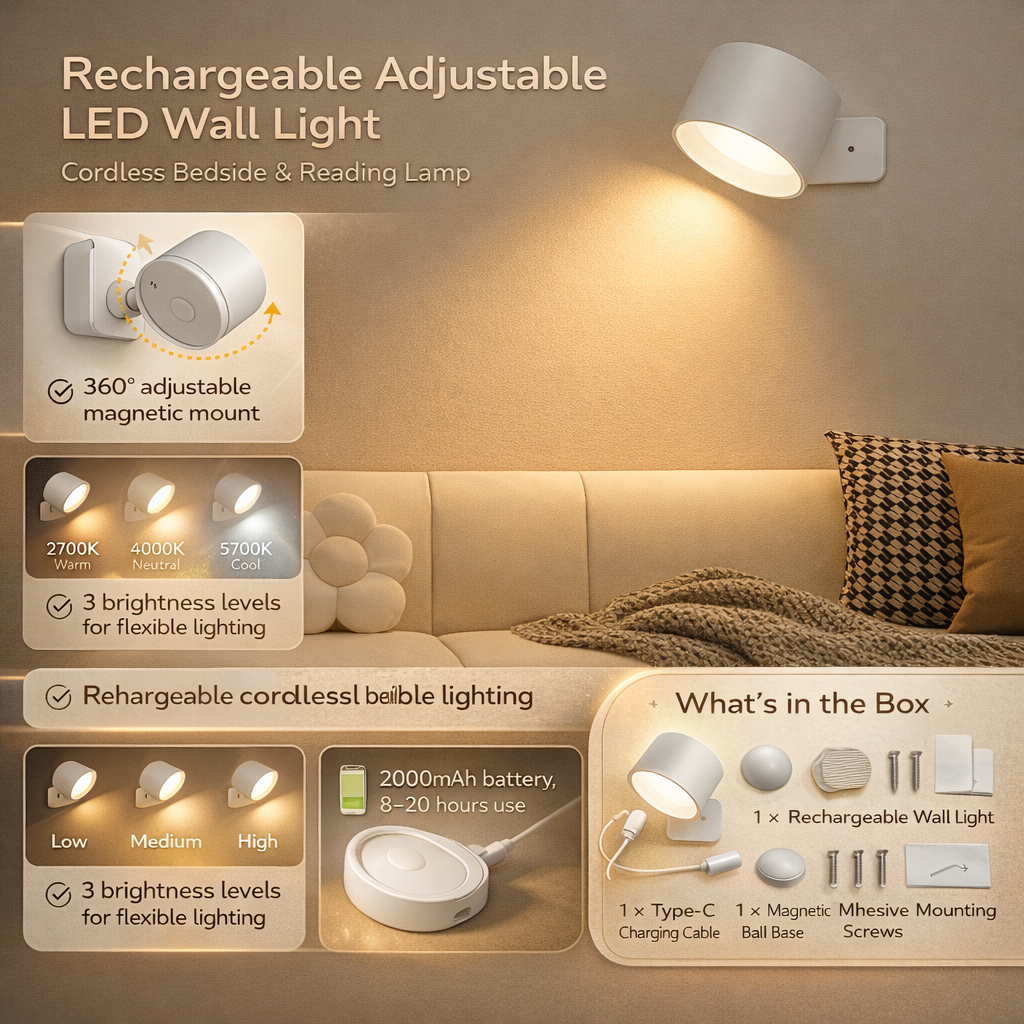 Rechargeable LED Wall Light with Adjustable Magnetic Base