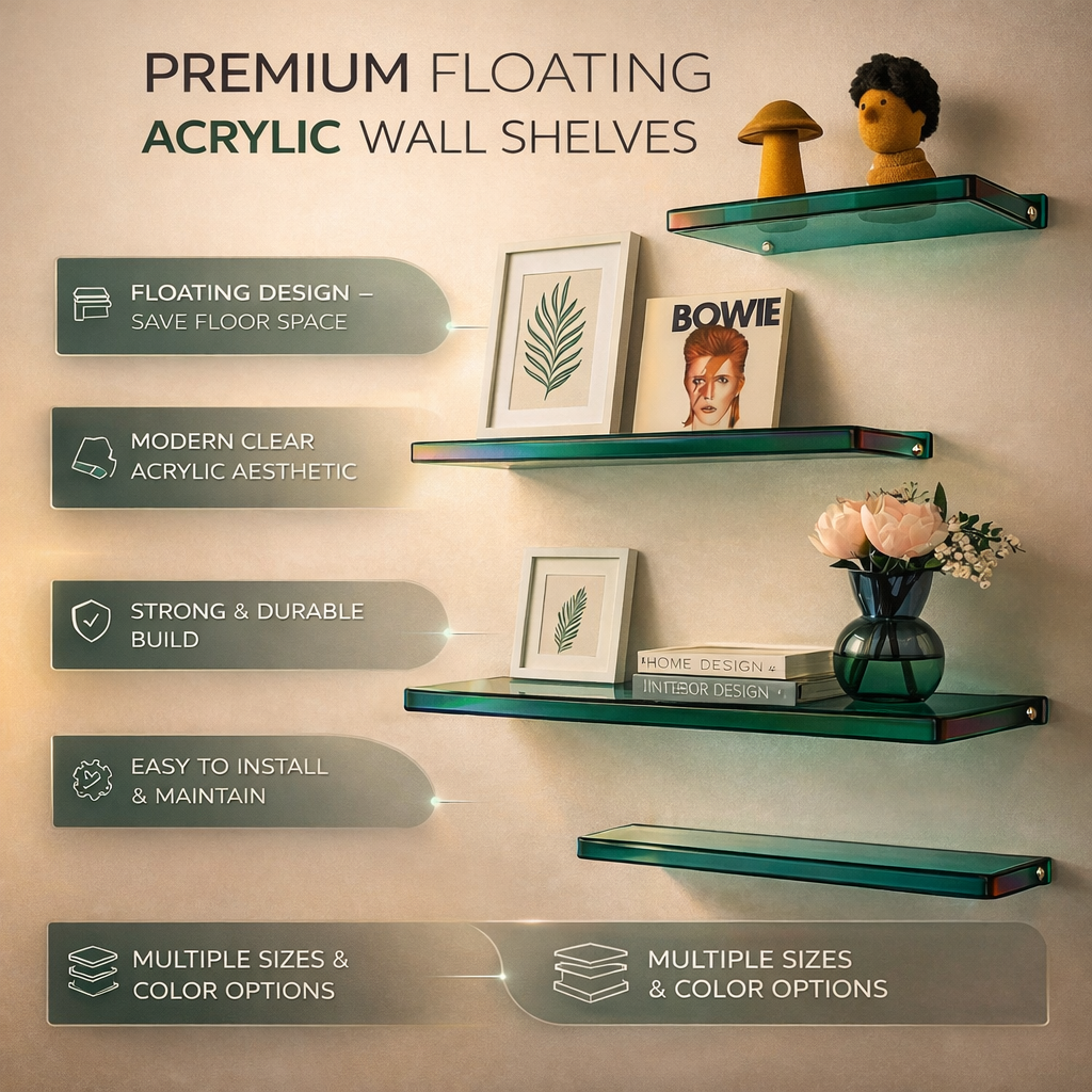 Minimalist Floating Shelf for Display and Storage - Clear Acrylic