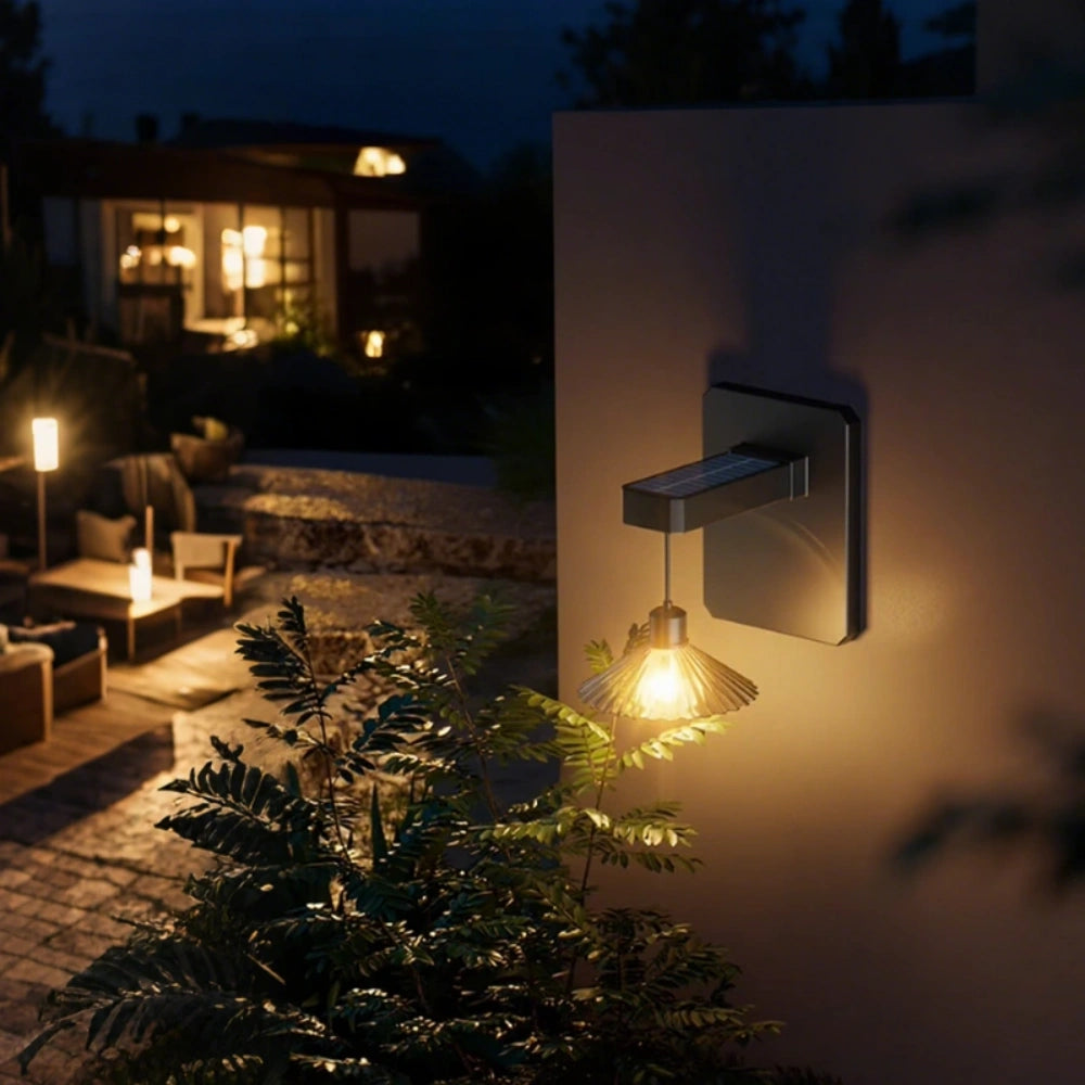 Wall Mounted Outdoor Light Featuring Hanging Shade and Dusk Sensor