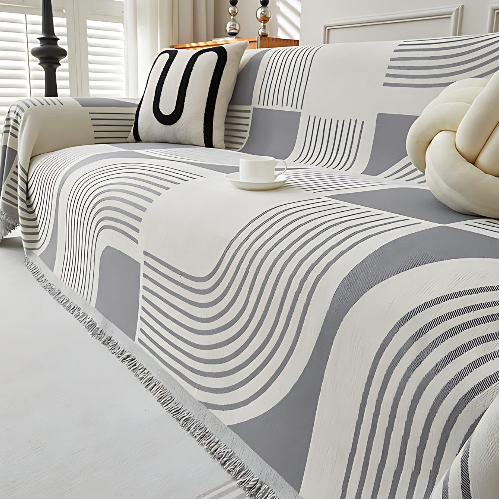 Reversible Chenille Sofa Cover with Wavy Boho Stripes