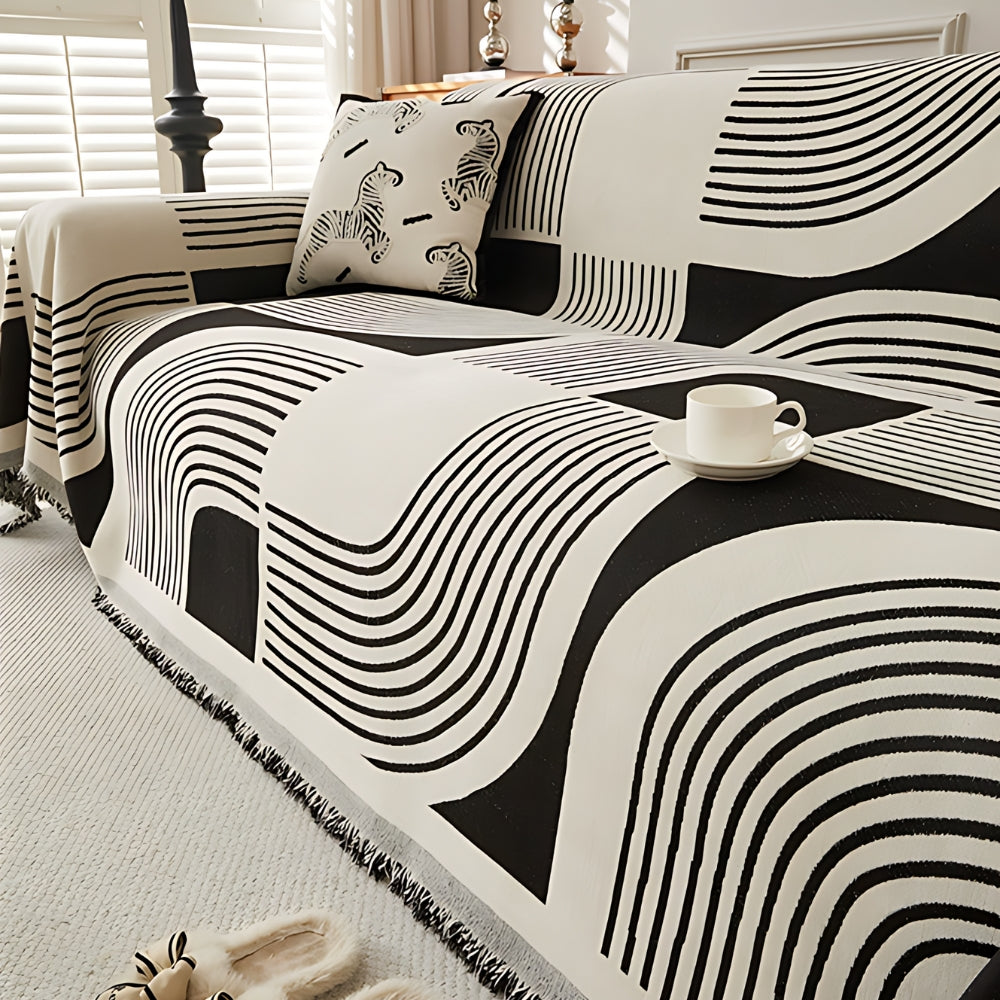 Reversible Chenille Sofa Cover with Wavy Boho Stripes