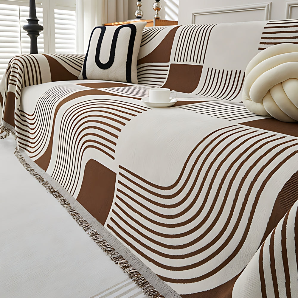 Reversible Chenille Sofa Cover with Wavy Boho Stripes