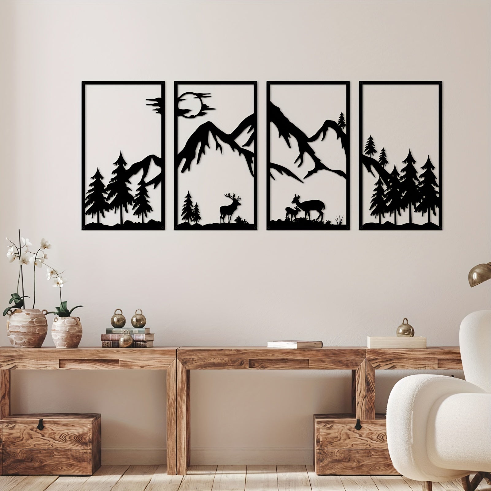 Nature-Themed Metal Wall Art Set - Mountain and Wildlife Design