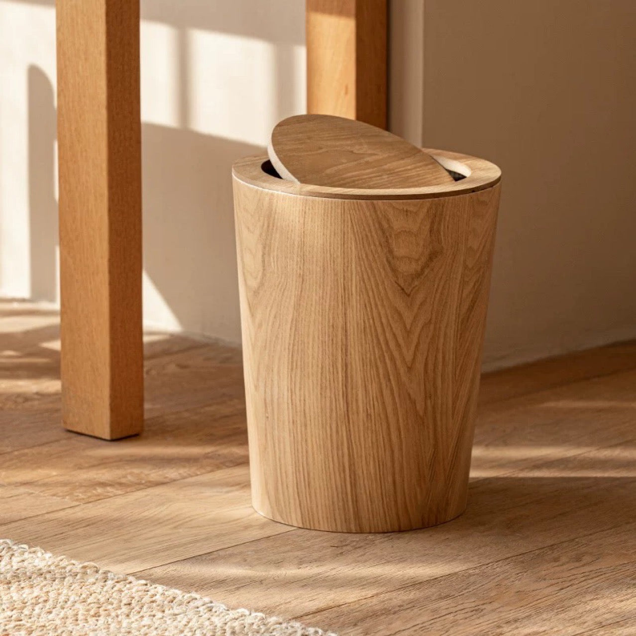 Modern Dual-Layer Kitchen Waste Bin with Rotating Lid – Wooden Design