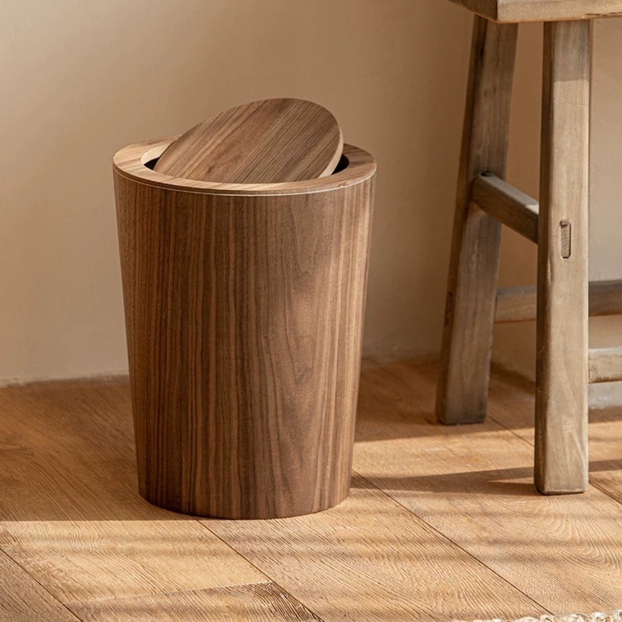 Modern Dual-Layer Kitchen Waste Bin with Rotating Lid – Wooden Design