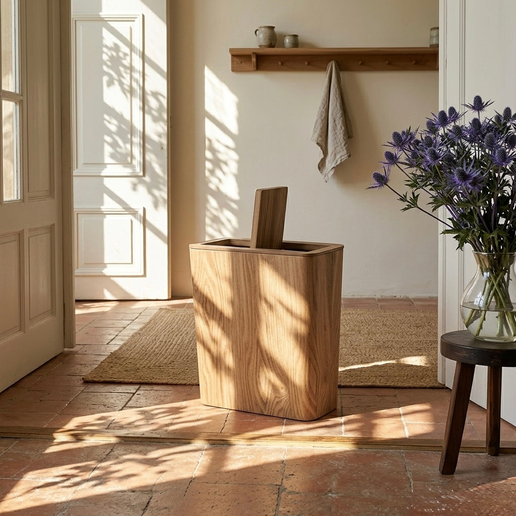 Modern Dual-Layer Kitchen Waste Bin with Rotating Lid – Wooden Design