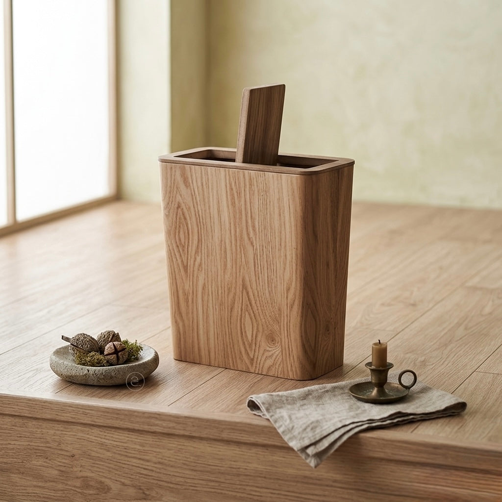 Modern Dual-Layer Kitchen Waste Bin with Rotating Lid – Wooden Design