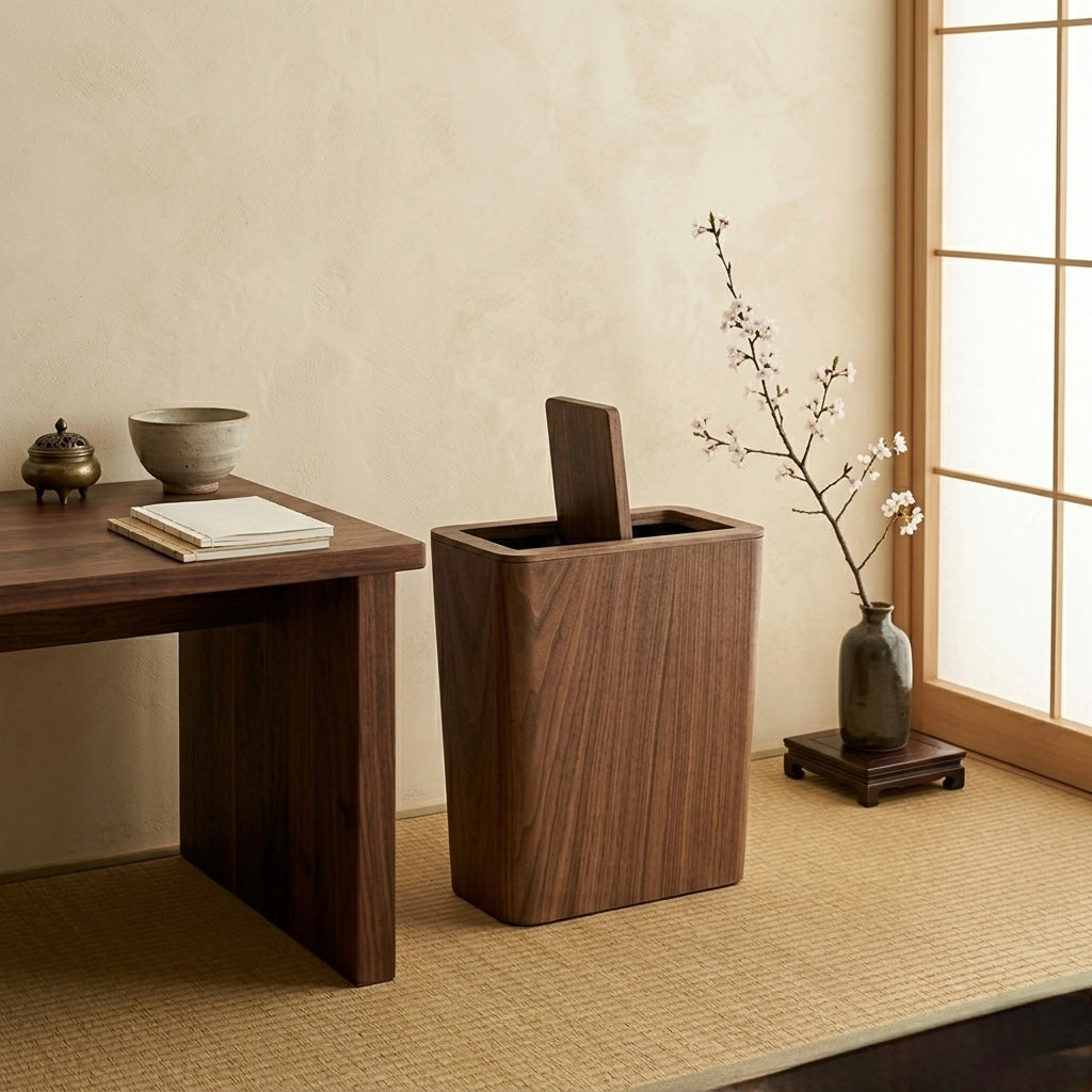 Modern Dual-Layer Kitchen Waste Bin with Rotating Lid – Wooden Design