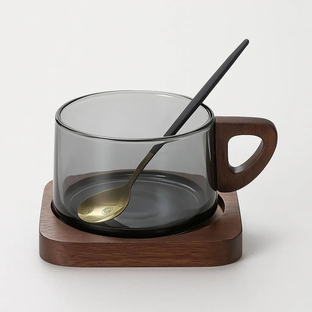Elegant Heat-Resistant Glass Cup Set with Wooden Accents