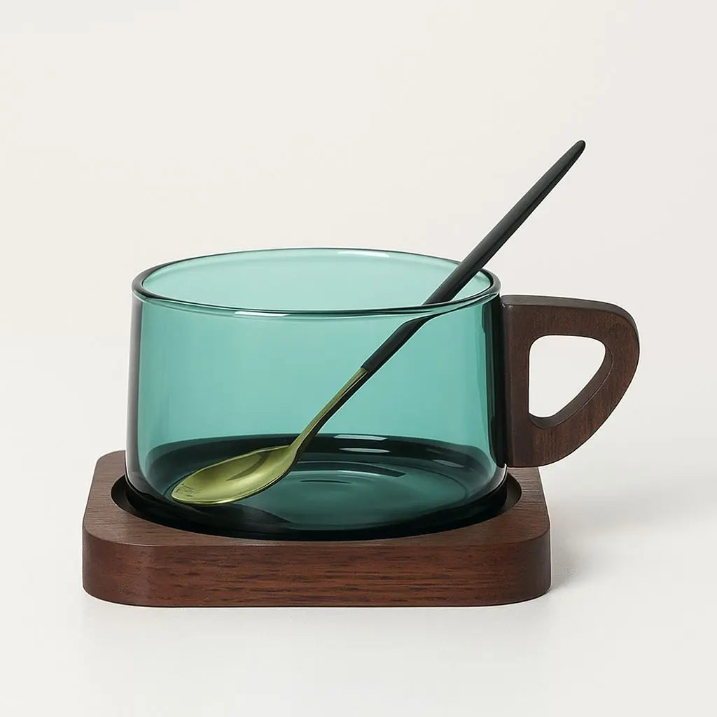 Elegant Heat-Resistant Glass Cup Set with Wooden Accents