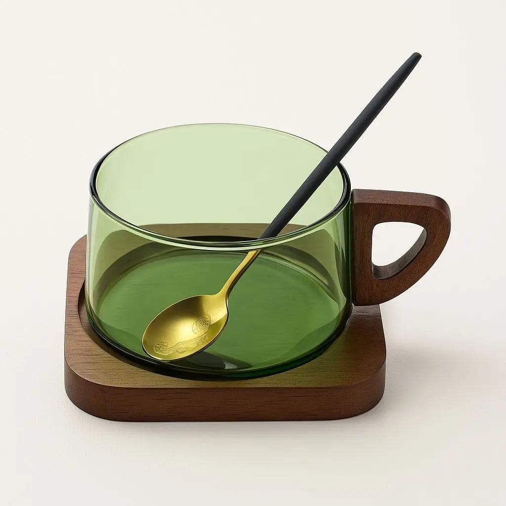 Elegant Heat-Resistant Glass Cup Set with Wooden Accents